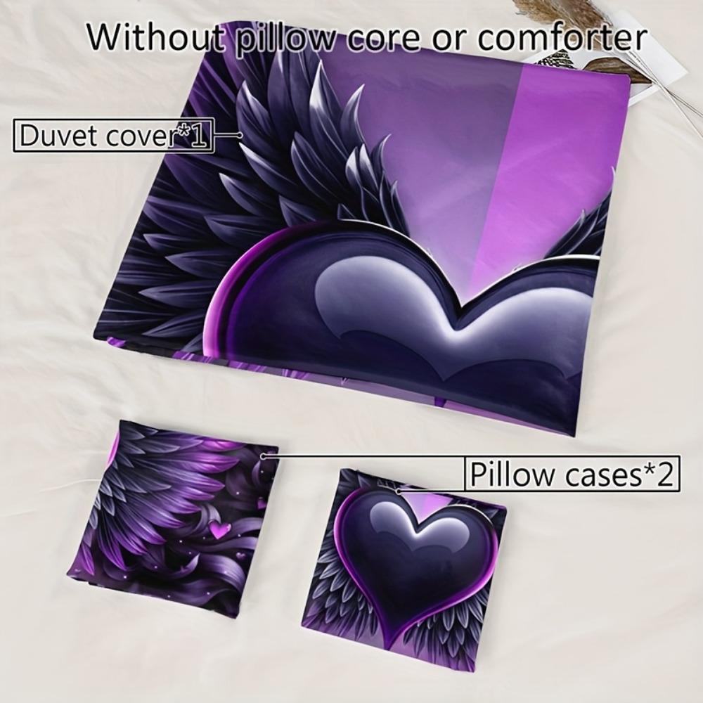 3pcs Black Purple Beding Set Love Heart Wing Print Cozy Soft Duvet Cover Set King Quen Twin Single Sized Dimensions Birthday Gift Bedrom Decor