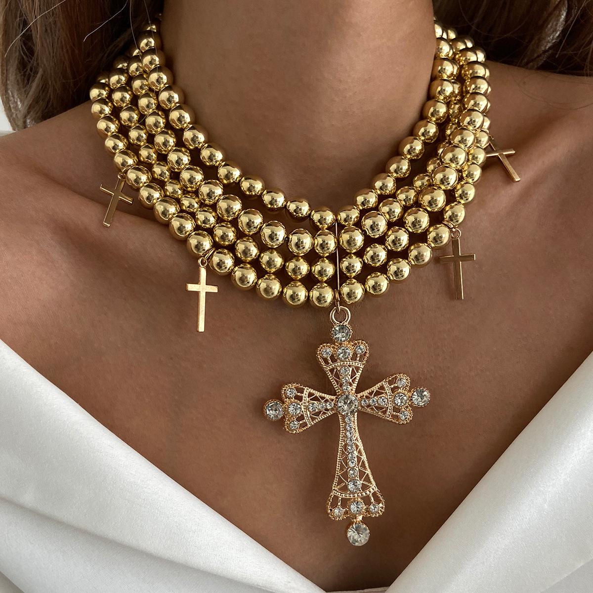 Light Luxury Style Diamond-encrusted Cross Multi-layer Necklace, Personality Exaggerated Temperament CCB Round Bead Beaded Jewelry