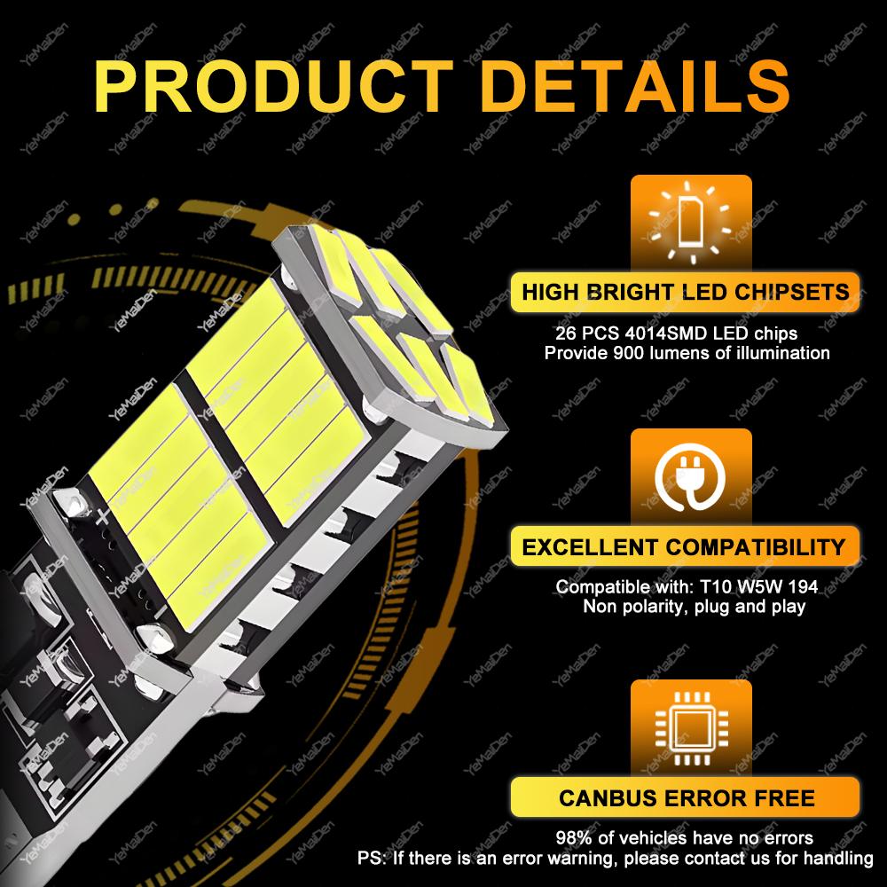 2/4/6/10/20 PCS 900LM 12V 24V T10 W5W LED Bulb For Car Interior Dome Door Trunk License Plate Side Lights 4014-26SMD 6500K White Dome Lights 6