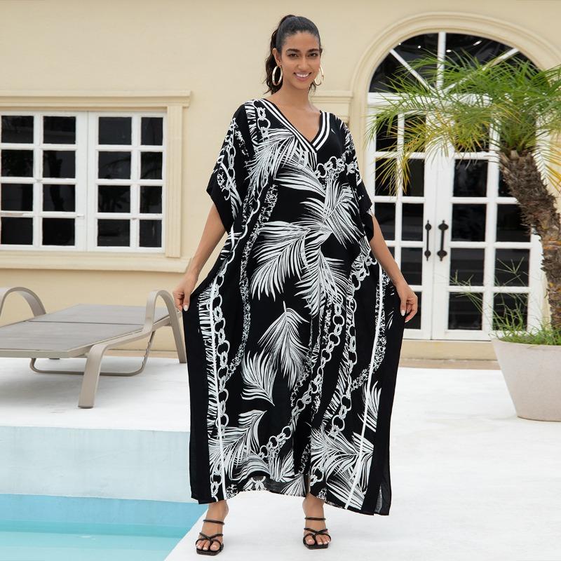 Women's Fashion Summer Spring Solid Color Print 1/2 Sleeves V-Neck Loose Waistline Casual Dresses