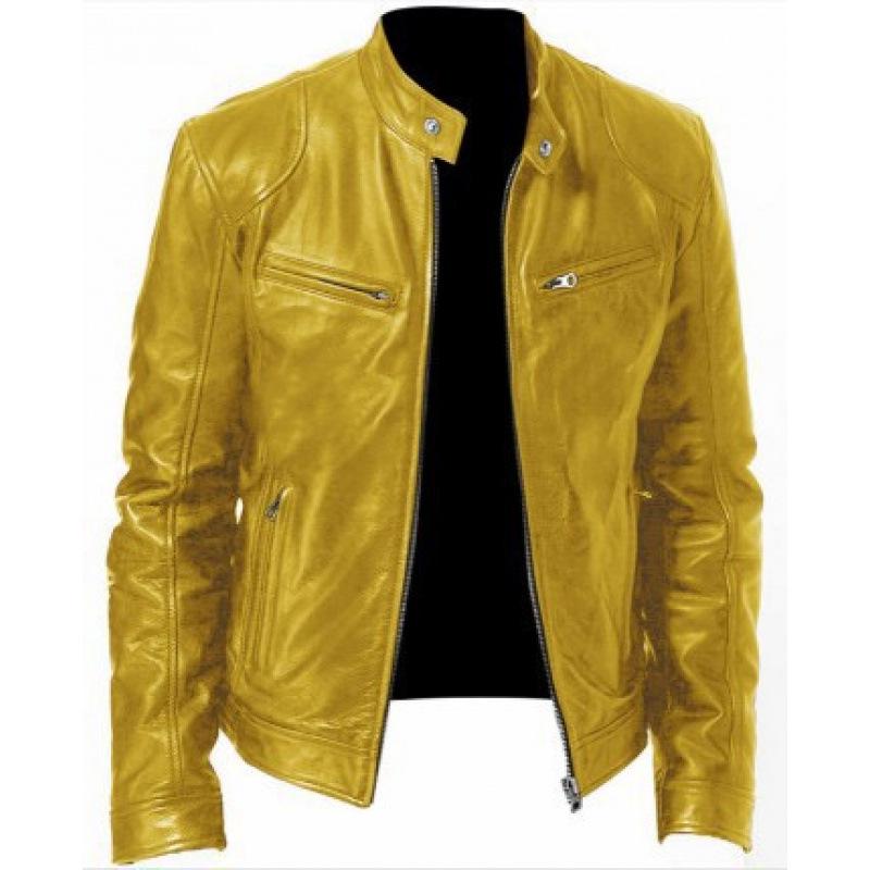 Herren Südliche Winter Multi-Pocket PU-Leder Motorradjacke mit Stehkragen und Knopf-Reißverschluss