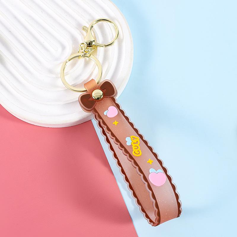 Silicone Glitter Bow Keychain with Leather Strap - Cartoon Style Gift Accessory