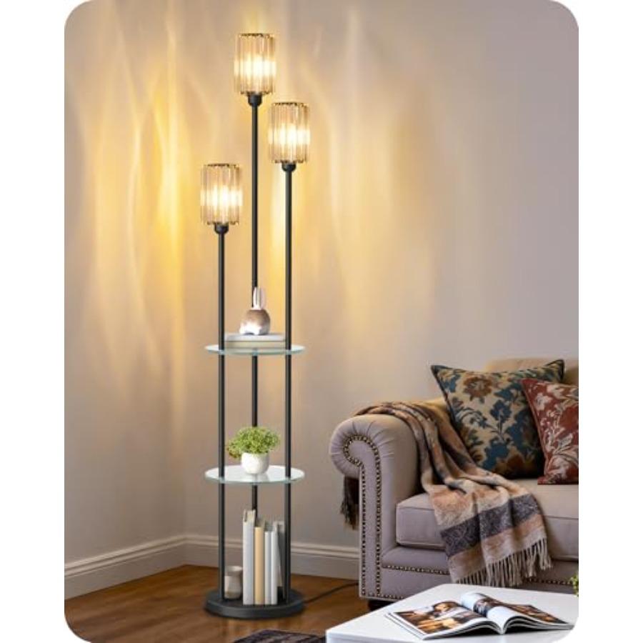 

Black Floor Lamp with Shelves and 3 Crystal Shades Modern 3-Light Standing Lamp with Foot Switch for Living Room Bedroom Study