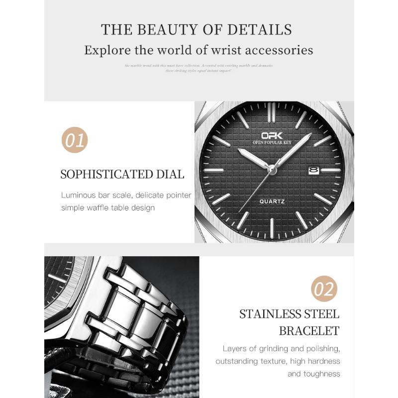 OPK Luxury Fashion Men's Quartz Watch Octagonal Waterproof Night Light Business Men's Calendar Watch