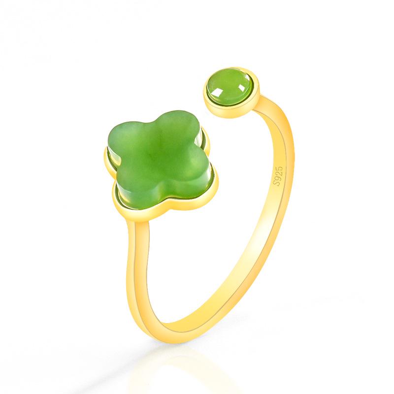 Аутентичное кольцо-четырехлистник из хотанского зеленого нефрита с инкрустацией из серебра S925, модное ювелирное изделие унисекс.