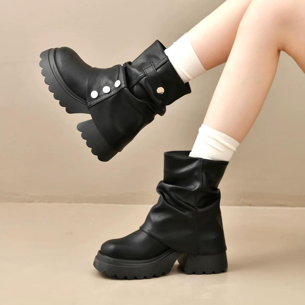 Thick-soled Heightening Martin Boots Women's Single Boots Autumn New Popular Stacking Boots Maillard Pant Boots Knight Boots