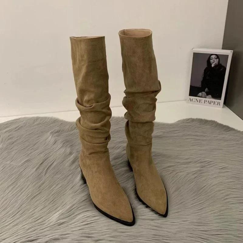 Women Knee High Boots Autumn Winter Female Shoes Fashion Female Slip-on Folds Low Heel Round Toe Flat Long Boots Botas De