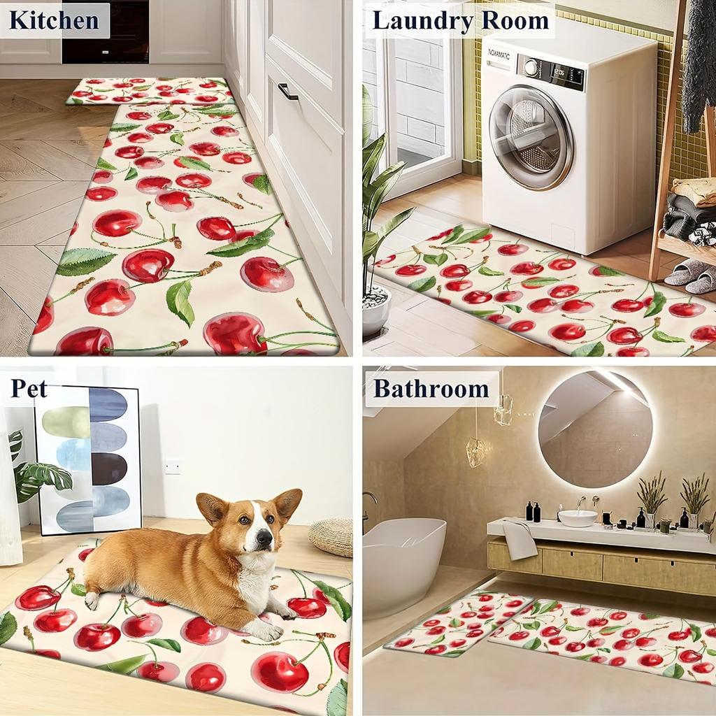 1 Stück Anti-Ermüdungs-Küchenteppich mit rotem Kirschdruck, wasserdicht, rutschfest, dick gepolstert, robuste, bequeme Stehmatte für die Küche