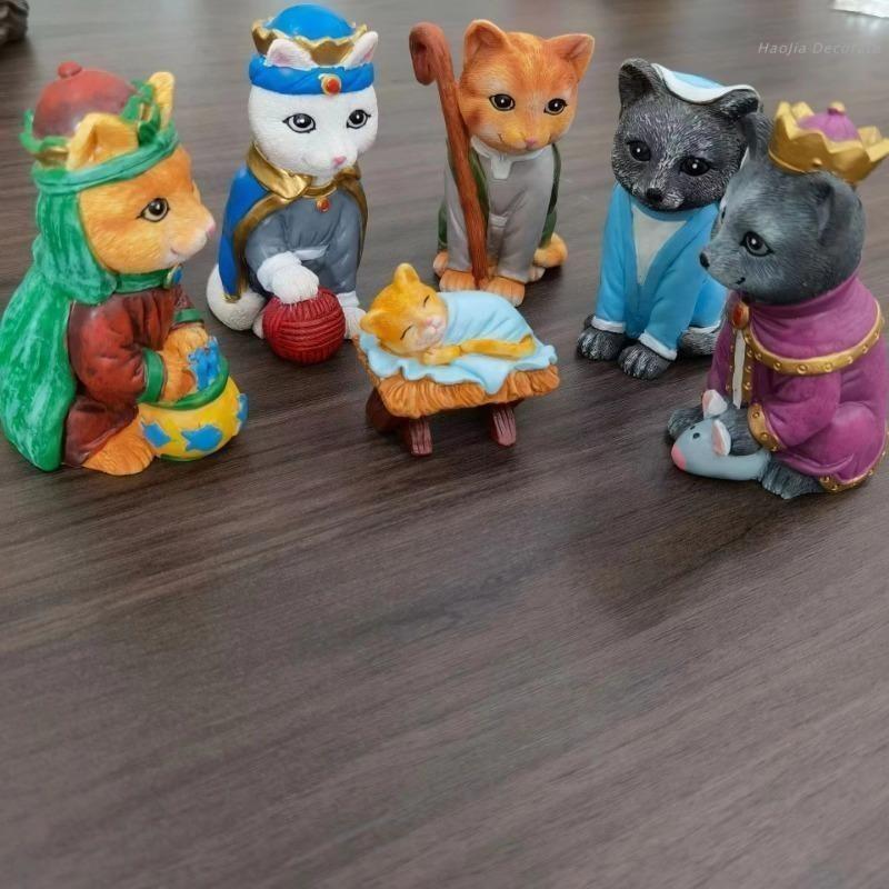 6Pcs Cat Nativity Figurines Set, Resin Kitten Christmas Decor, Cute Cat Themed Nativity Scene Ornaments, Funny Holiday Home Decor Gift