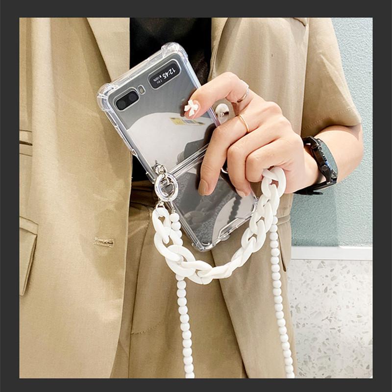 Cute White Chunky Chain Bracelet +Long Ball Strap Anti -Shock Clear Case For Samsung Galaxy Z Flip 4 5g Protective Capa