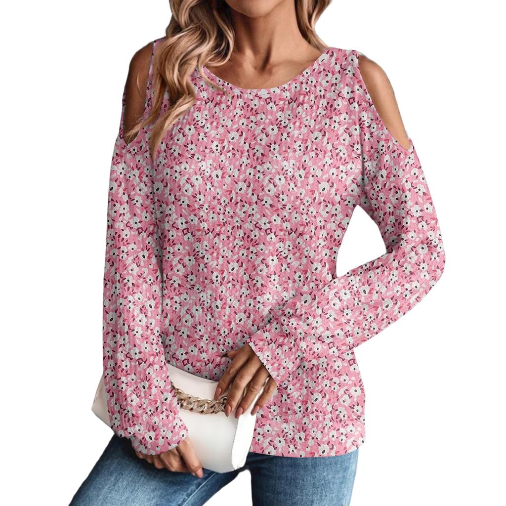 Damen Winter Oversized T-Shirt Modisch Schulterfrei Rundhals Vintage Blumendruck Pullover Langarm Oberteil
