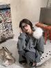 Women's 2025 Gray Wool Coat with Large Fur Collar: Autumn/Winter Plus Velvet Zip Cardigan