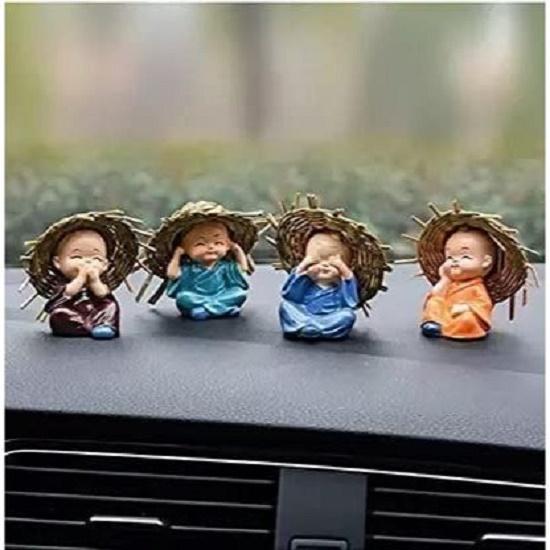 Set of 4 Baby Hat Monk Buddha Idols Showpiece for Car Dashboard Idols/Home Decorative Showpiece & Gifting Ideas Car Dashboard Accessories Size - 6.5Cm