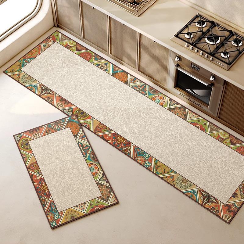 Kitchen Floor Mat Plant Pattern Waterproof Oil-proof Carpet PVC Leather Non-slip Foot Mats Long Strip Light Luxury High-end Rug