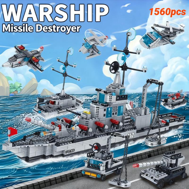 Oversized Military Warship Destroyer Ship Assembly Model 6In1 Multi Form Combination Building Blocks Boys Toy Birthday Gift