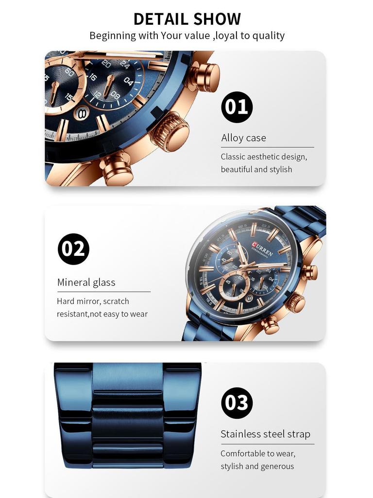 Curren 8355 Men's Waterproof Quartz Calendar Watch with Steel Band