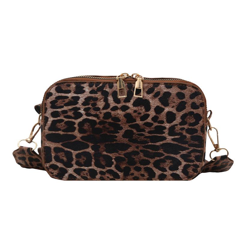 

Leopard Print Double Zipper Crossbody Bag with Retro Wide Strap - Women s Stylish Commuter Bag
