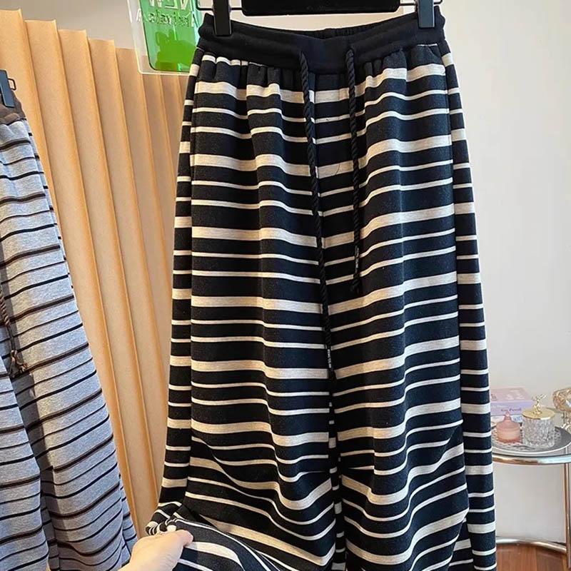 

Брюки женские эластичные с высокой талией, длинные, больших размеров, утолщенные, тянущиеся, в полоску, повседневные, широкие прямые брюки XXXXL чёрный/белый