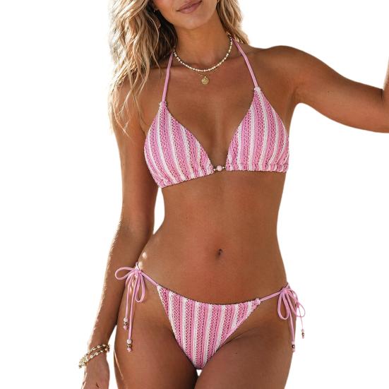 2Pcs/Set Bikini Set for Women, Knitted Hollow Fabric Halter Bra with Chest Pad No Steel Support, Lace-up Swimming Bottoms, Swimsuit for Beach Pool