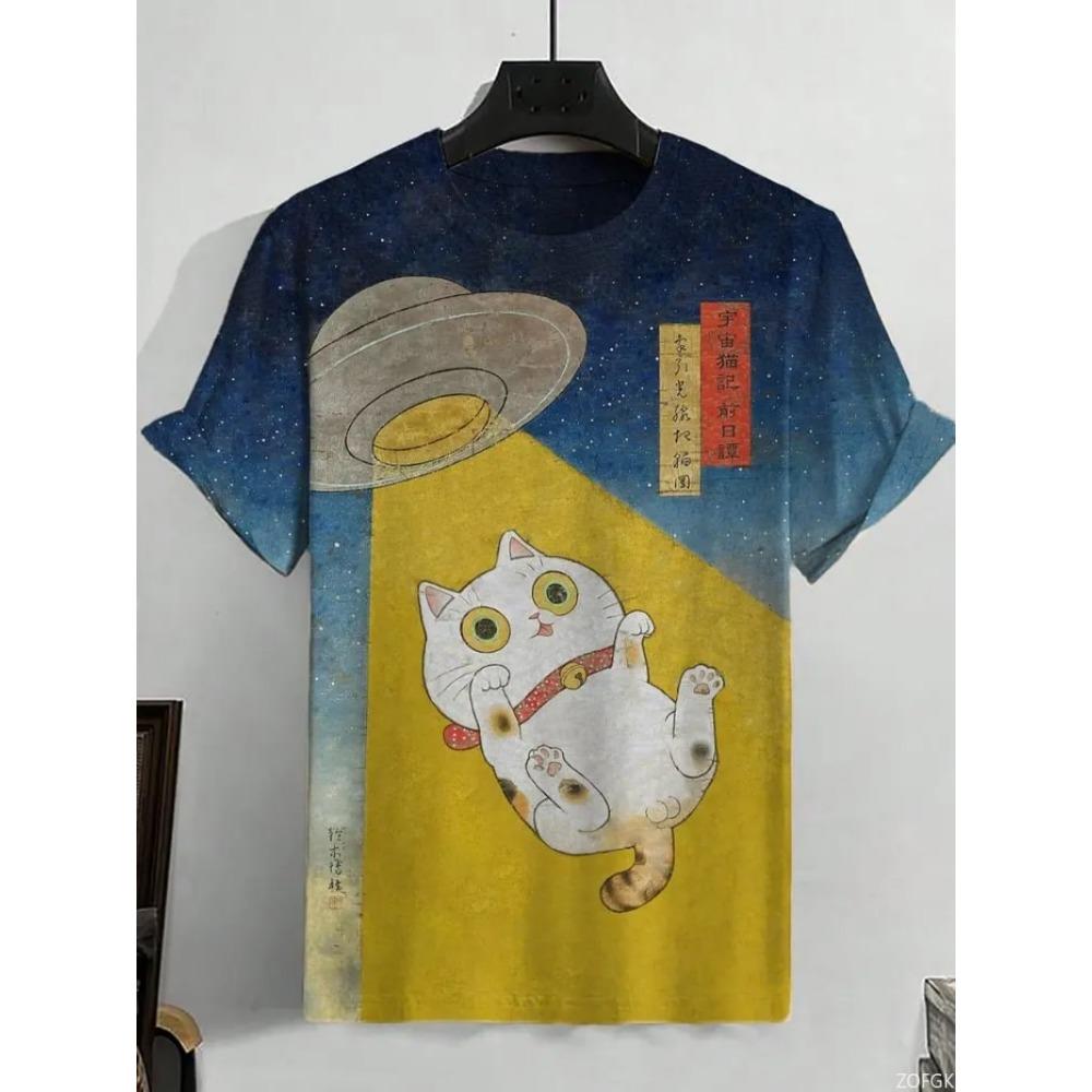 Summer New 3D Fun Cute Kitten Art Cartoon Print Loose, Fashionable and Comfortable Round Neck Short Sleeve T-shirt