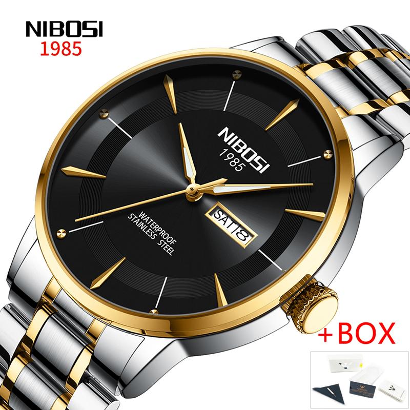 NIBOSI Fashion Quartz Watch for Men Luxury Stainless Steel Waterproof Luminous Date Week Cool Black Mens Watch Relogio Masculino