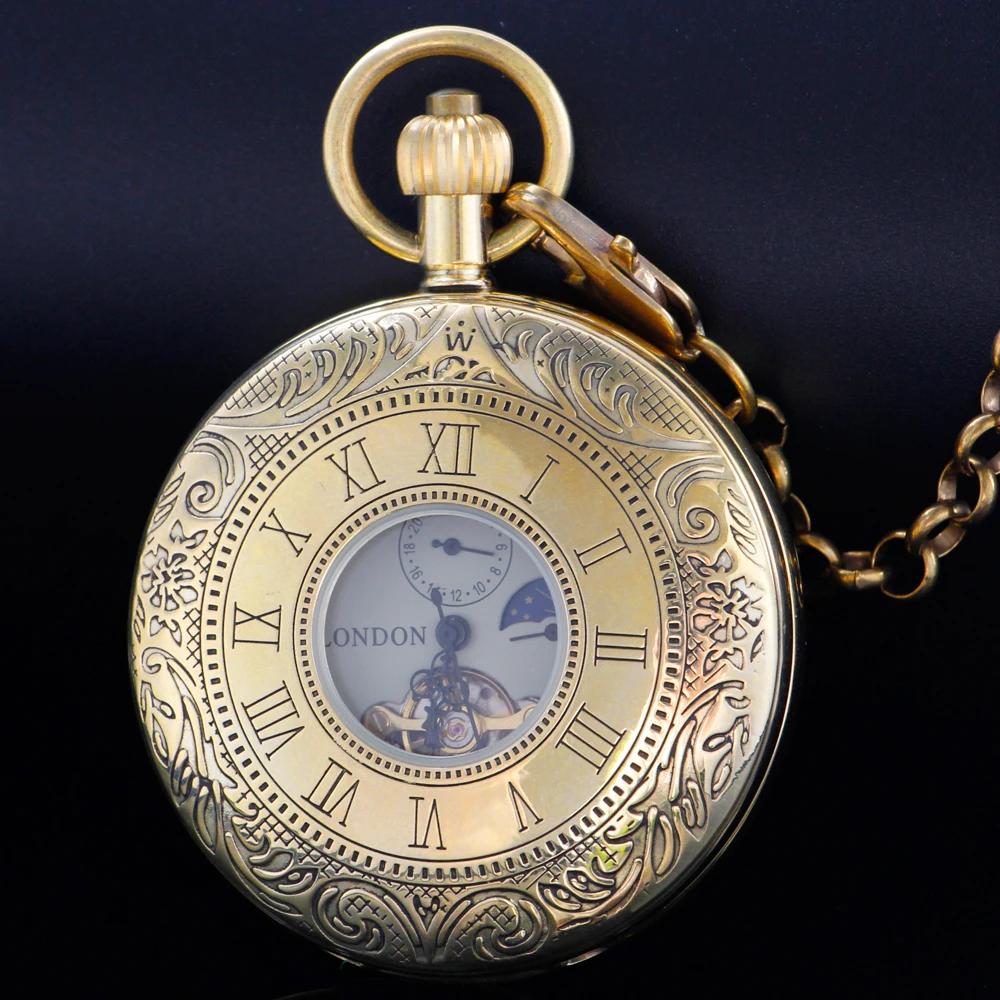 Reloj de Bolsillo Mecánico Antiguo de Lujo con Fase Lunar(12/24 Horas) Relojes Tourbillon de Cobre Puro de Cuerda Manual Para Hombres Mujeres