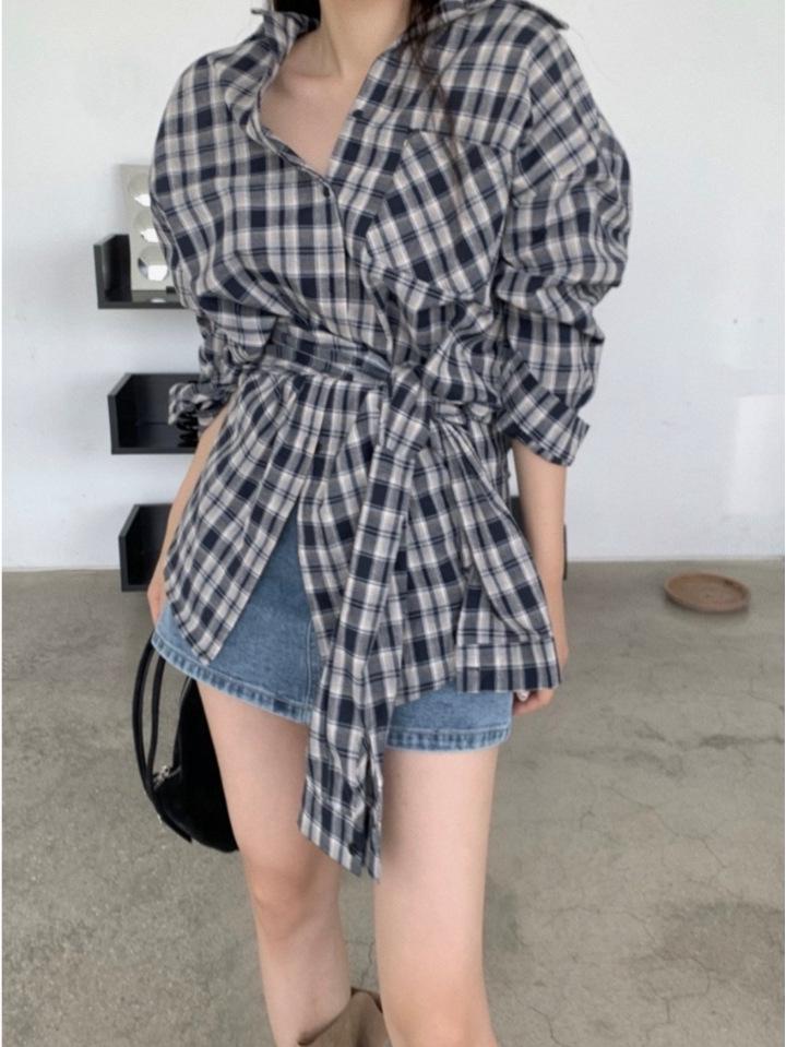 Women's Retro Plaid Long Sleeve Shirt with Tie Waist and Lapel