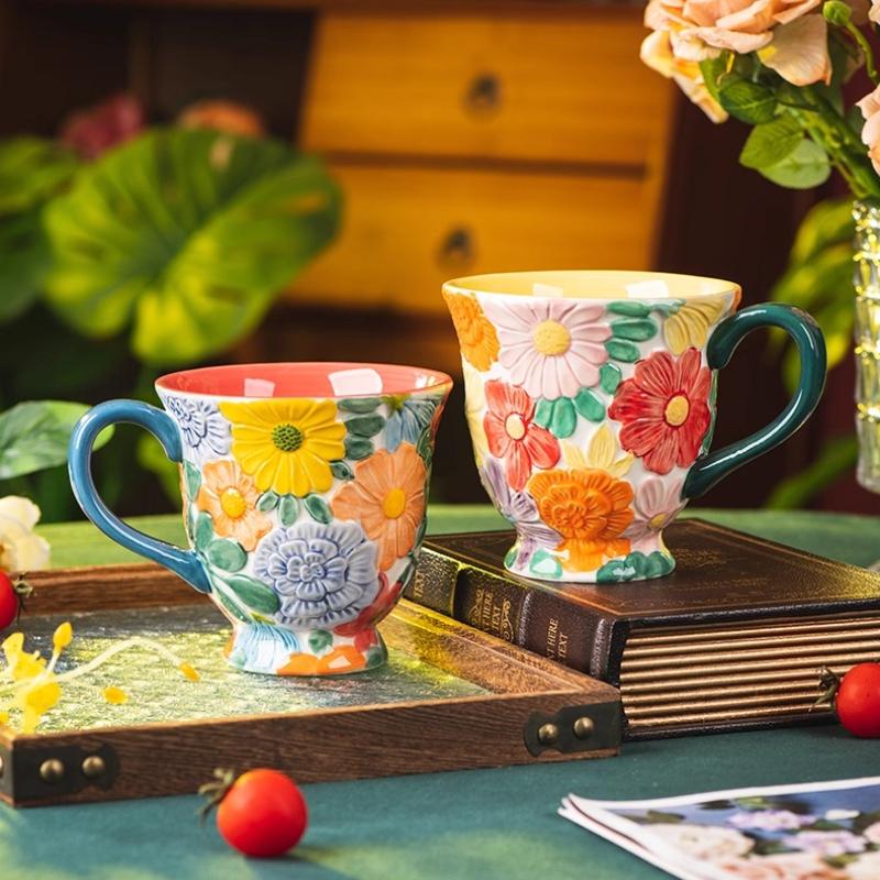 Colorful Relief Ceramic Mug 600ml Large Capacity Coffee Cup Beautyful Floral Retro Mug with Handle, Safe for Microwave Oven,easy To Clean,1pc