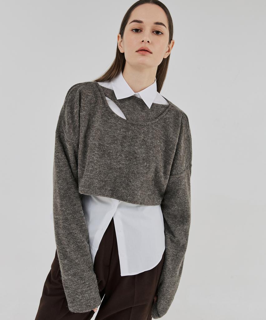 THEFRHT Cutout Two-Way Wool Crop Top (Brown Grey)