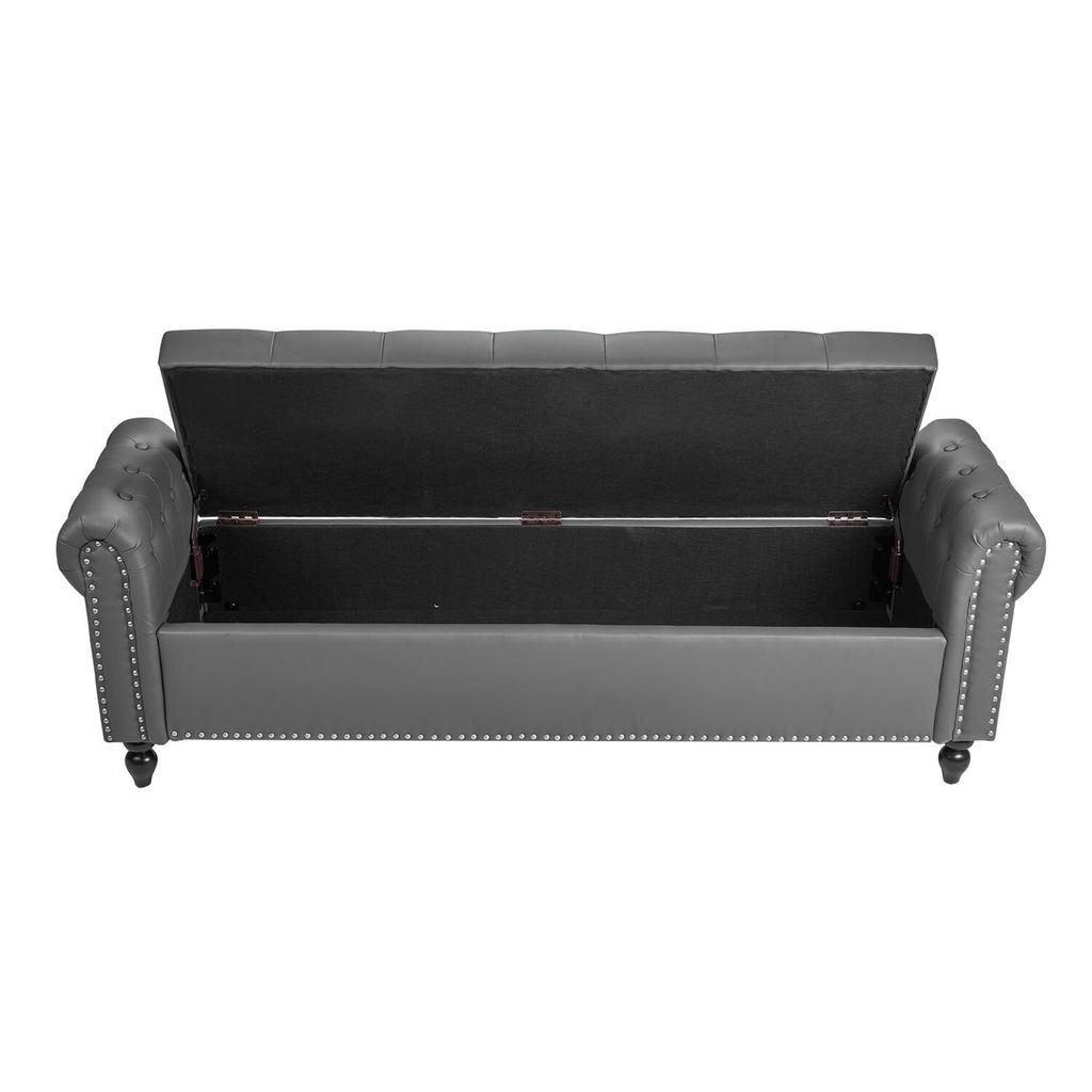 Button-Tufted Storage Ottoman Bench, Rolled Arm PU Leather Bench with Solid Wood Legs, Modern Shoe Benches Seat for Entryway, Upholstered End of Bed
