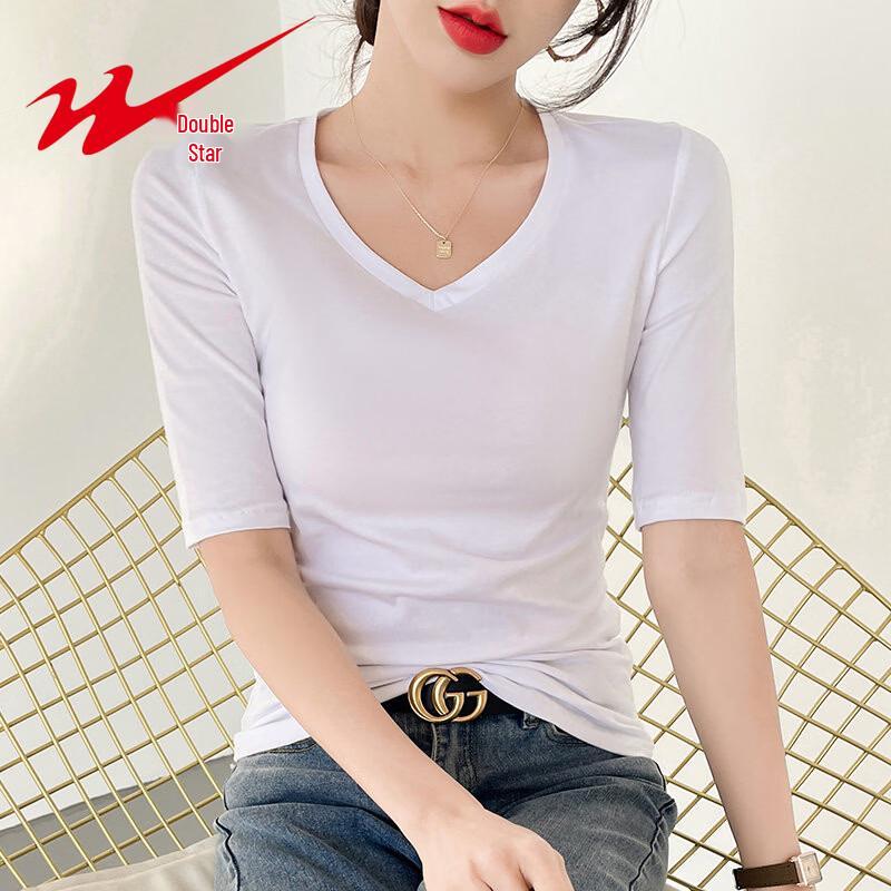 Women's V-Neck Slim Fit Mid-Sleeve T-Shirt