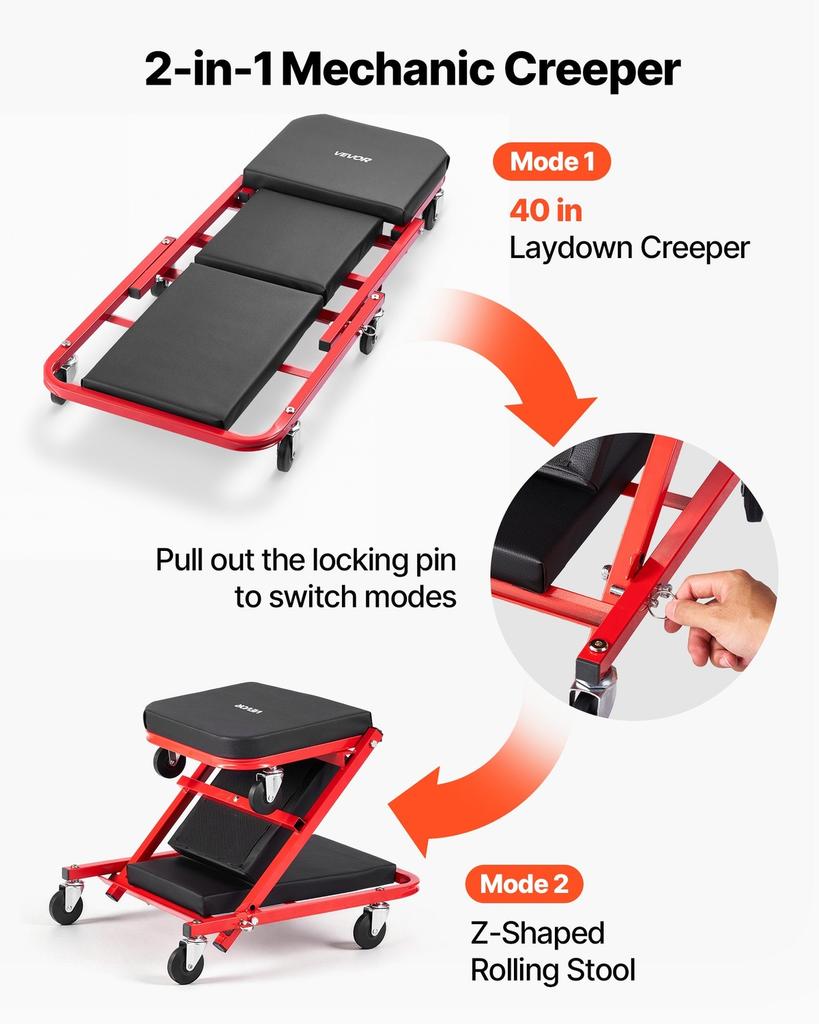 1010mm 2-in-1 Folding Mechanic Creeper, Z Creeper Seat & Under Car Garage Roller, 204 kg Rolling Creeper Stool with 6 Swivel Casters, Padded Headrest