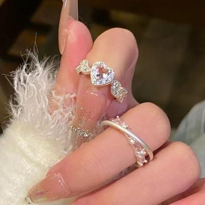 Sladké růžové prsteny ve tvaru srdce pro ženy Trendy prsteny s kamínky pro dívky Korejská móda Prstové doplňky Personalizované šperky Dárky