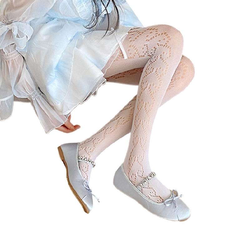Women Spring See Through Thin Pantyhose Side Hollowed Heart Jacquard Mesh Tights
