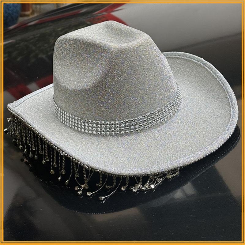 Shimmering Rhinestones Fringed Hat for Women Men Music Festival Fedoras Hat with Large Brims Glittering Powder for Party