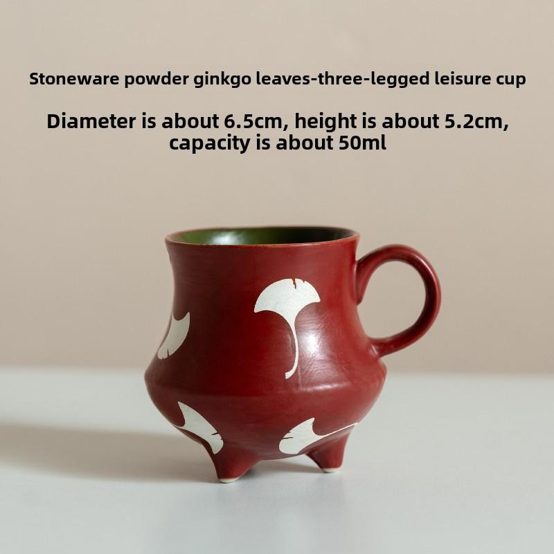 

Hand Painted Ceramic Tea Cup Coarse Pottery Ginkgo Leaf Design Three Legged With Handle For Home Use Teaware Gift 50ml