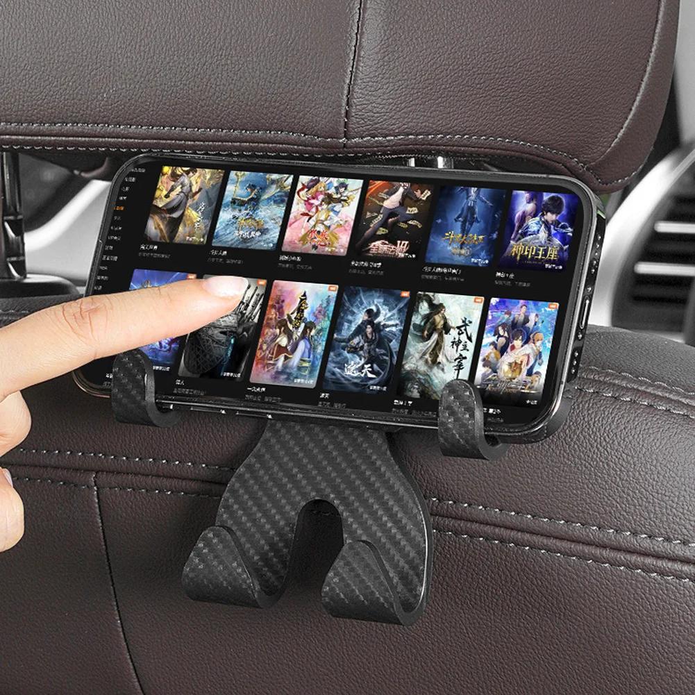 4 in 1 Car Seat Headrest Hook and Phone Stand Headrest Hanging Holder Carbon Fibre Pattern Car Rear Seat Storage Hanger