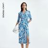 Langzi V-Neck Printed Cinched Waist Maxi Dress
