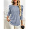 Women Solid Crew Neck Puff Sleeve Long Sleeve Brushed Striped T Shirt Top