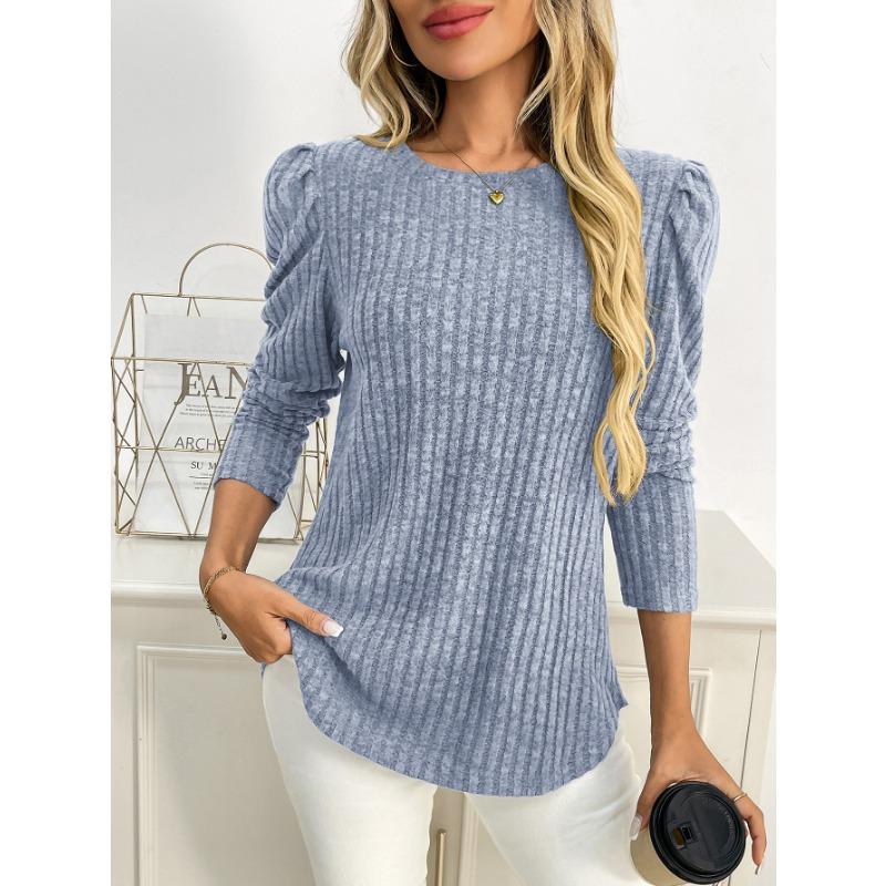 Women Solid Crew Neck Puff Sleeve Long Sleeve Brushed Striped T Shirt Top