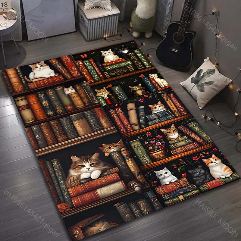 Bookshelf and Cats Print Carpet for Bedroom Living Room Bedside Sofa Floor Mat Modern Home Decor Area Rug Fast Shipping