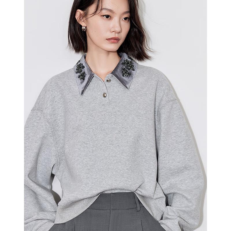 Women's Sequin Embroidered Polo Collar Short Sweatshirt