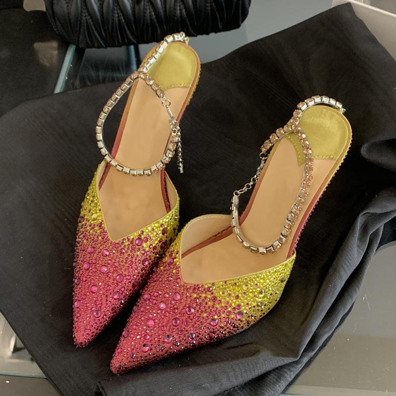 Fashion Liyke Fashion Design Gradient Camouflage Crystal Pointed Toe Thin High Heels Party Prom Shoes Rhinestone Ankle Strap Women Pumps