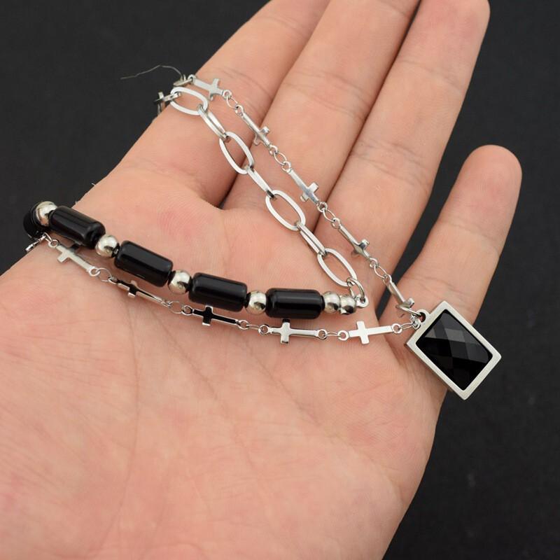 Double Layer Cross Pendant Necklace Women Titanium Steel O-Chain Geometric Minimalist Choker Statement Jewelry