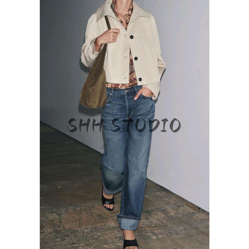 Autumn New Women clothes French style Minimalist Cotton Single-Breasted Turtleneck Long sleeve Short Trench coat 3833245