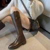 Cowhide Leather Slant Boots Buckle Thick Heel High Knight Boots Women's Boots