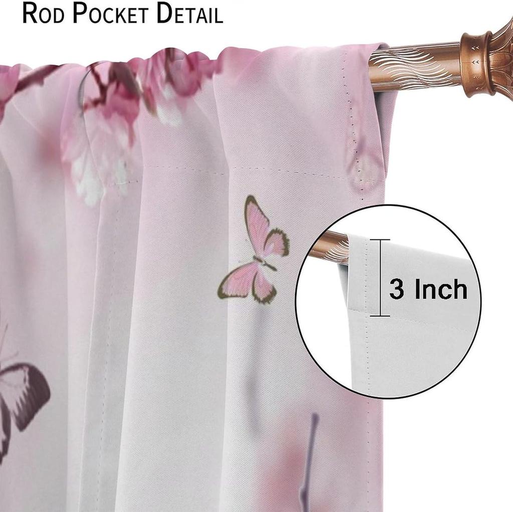 Pink Tropical Cherry Blossom Curtains Beautiful Summer Jungle Orchids Hibiscus Butterfly Window Drapes Darke Curtain With Rod Pocket Polyester