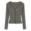 Early Autumn Chic Striped V-neck Long-sleeved Cardigan T-shirt for Women New Slim Fit Korean Style Single Top