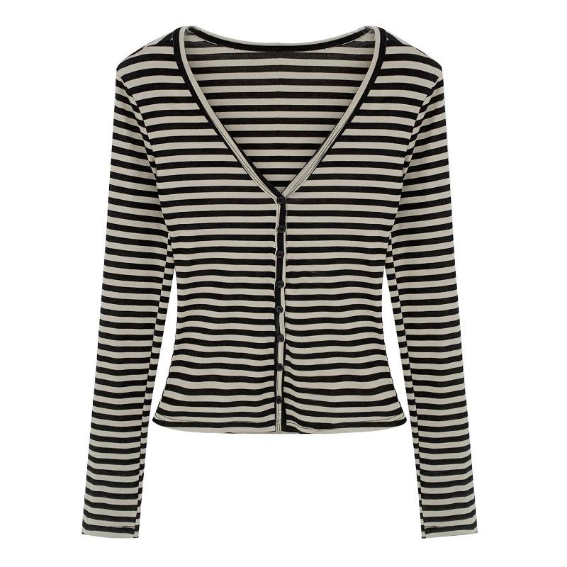 Early Autumn Chic Striped V-neck Long-sleeved Cardigan T-shirt for Women New Slim Fit Korean Style Single Top
