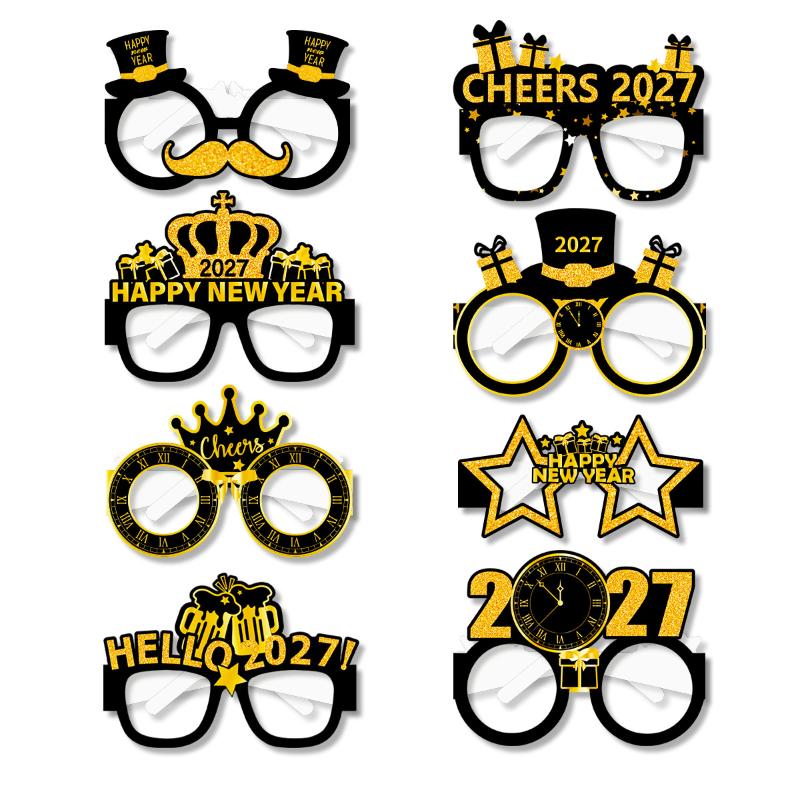 2027 Happy Year Party Paper Glasses 8Pcs Black Gold Glitter For Years Eve Gatherings Po Booth Props